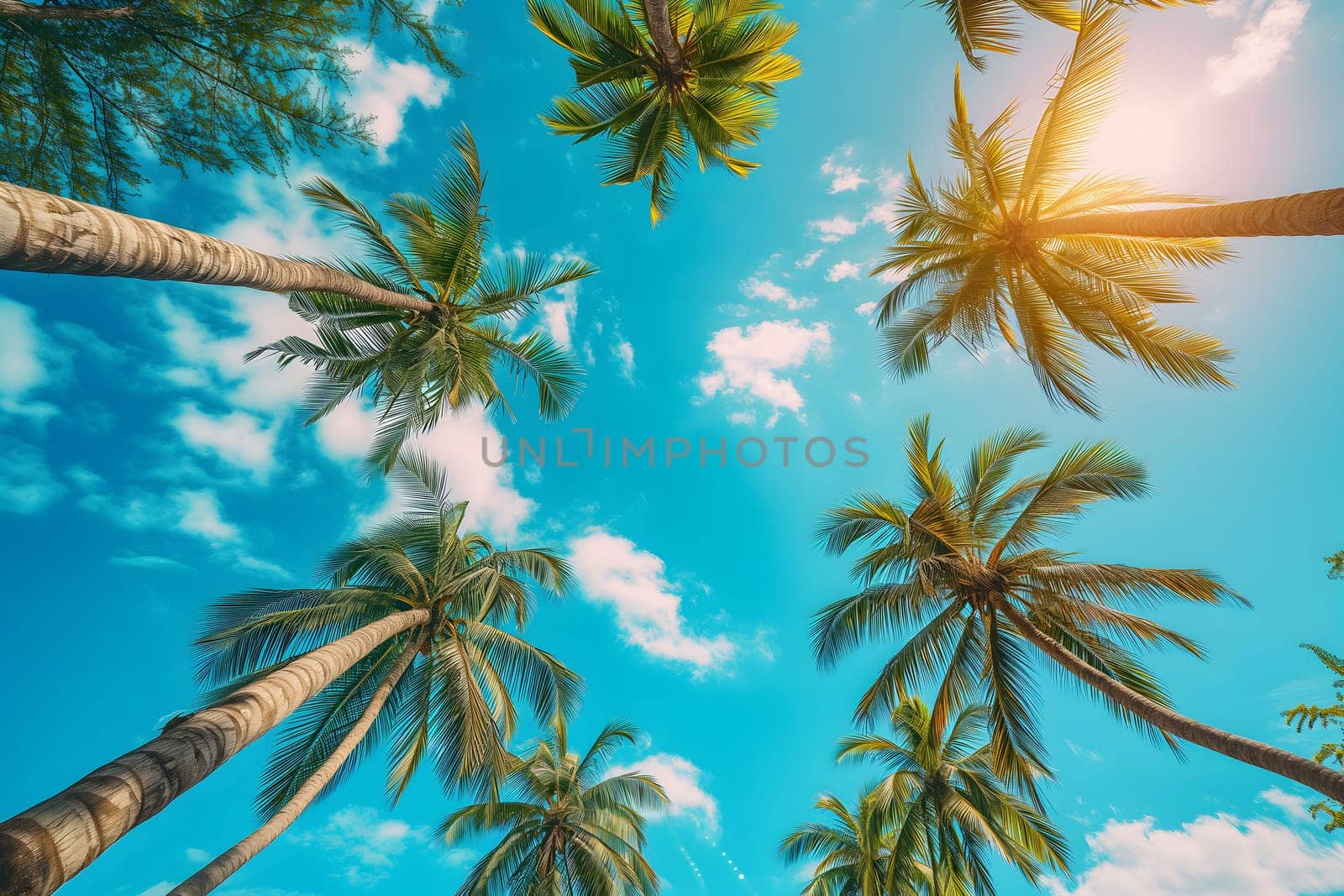 Blue sky and palm trees from below. Neural network generated image. Not based on any actual scene or pattern.
