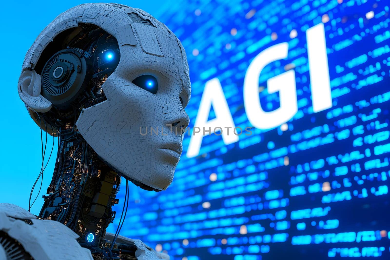 Android head on abstract cybernetic data background with word AGI for Artificial General Intelligence. Neural network generated image. Not based on any actual person or scene.