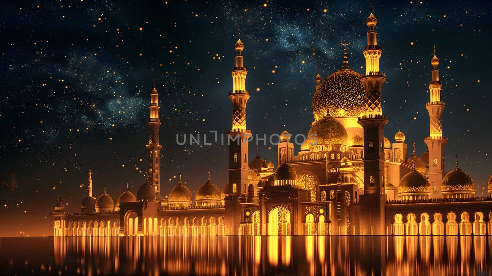 Ramadan mosque with starry night sky beautiful background. Neural network generated in January 2024. Not based on any actual scene or pattern.