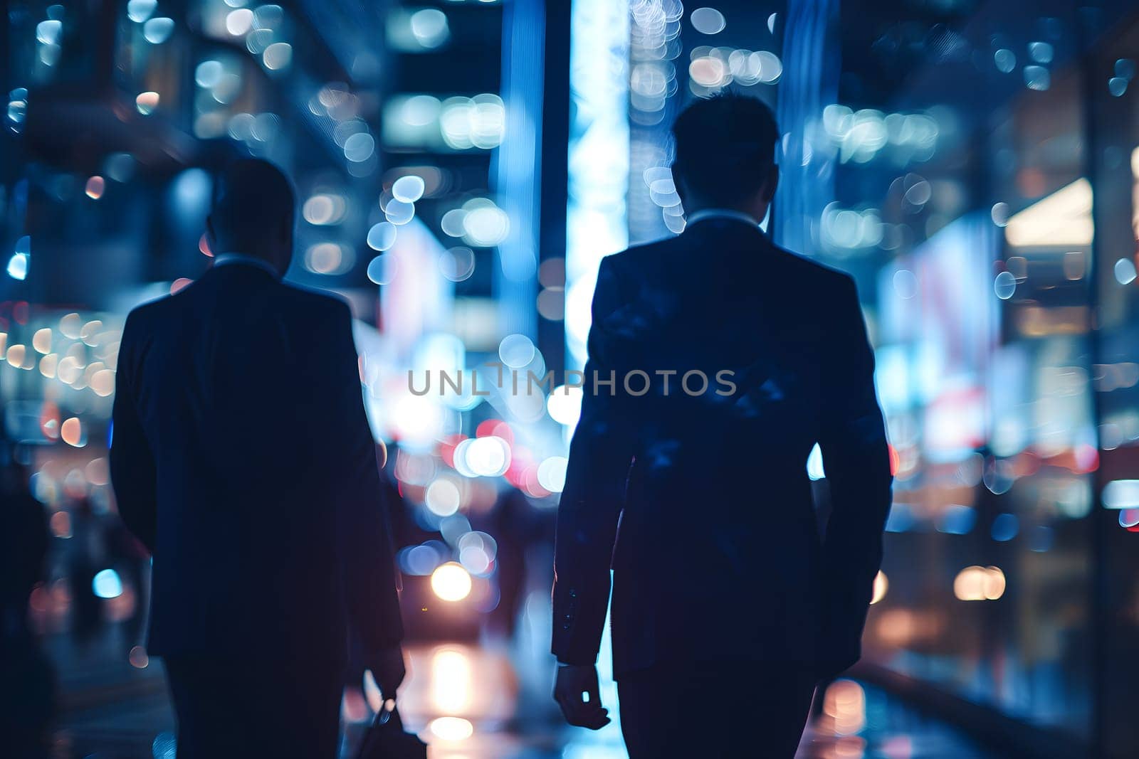 Close up abstract business background with businessmen navigating the cityscape, Interacting and collaborating. Neural network generated image. Not based on any actual person or scene.