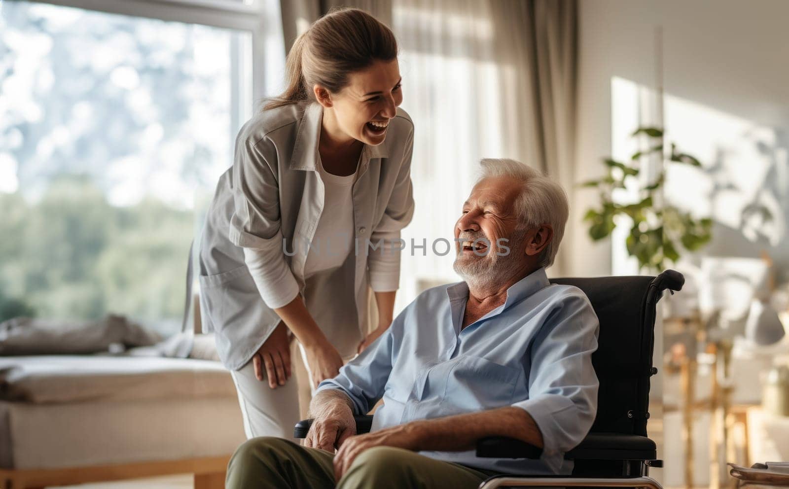In this touching scene, a dedicated nurse provides compassionate care to an elderly man in a nursing home, ensuring his well-being and comfort in his wheelchair.Generated image.