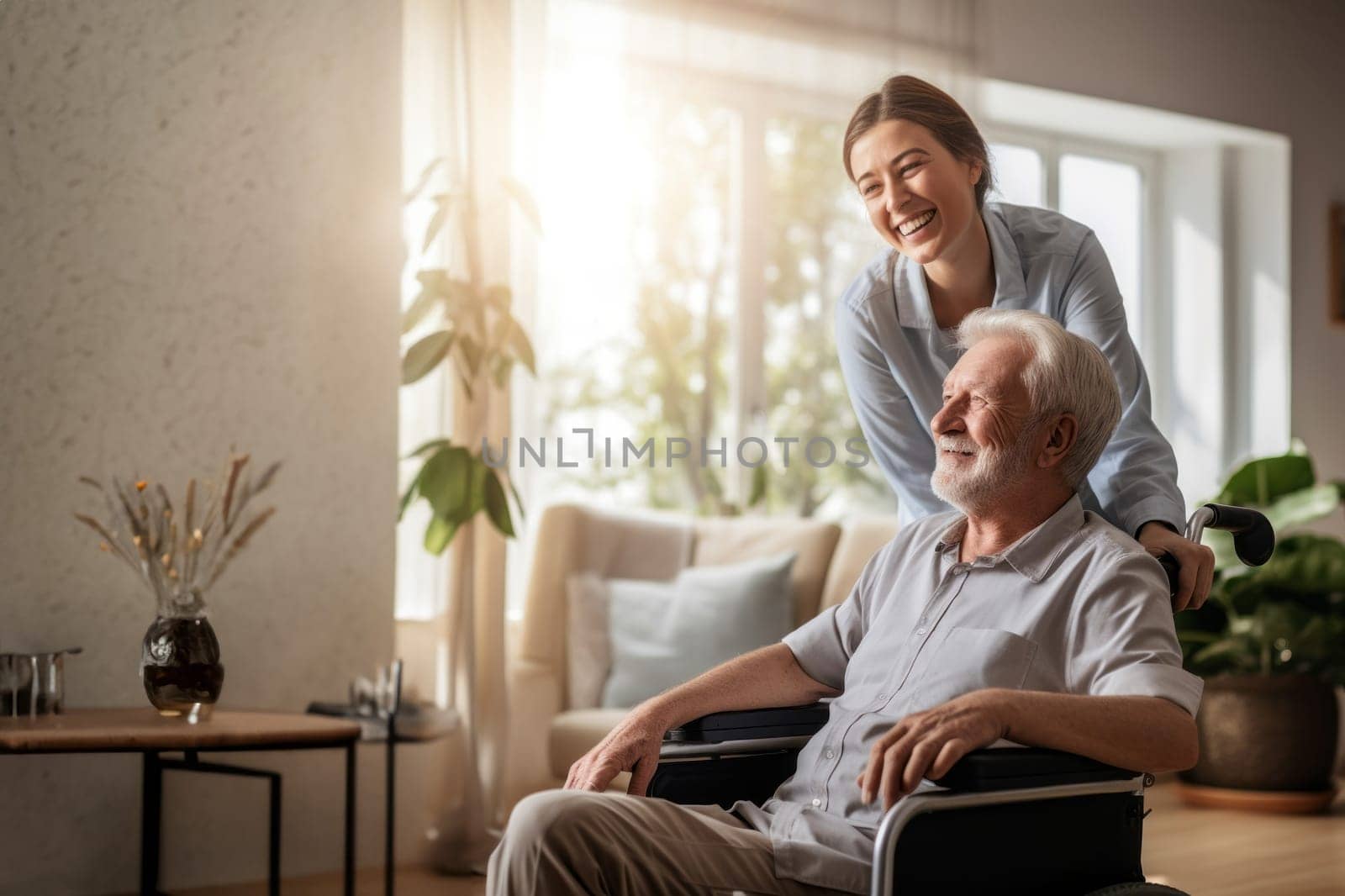 In this touching scene, a dedicated nurse provides compassionate care to an elderly man in a nursing home, ensuring his well-being and comfort in his wheelchair.Generated image.