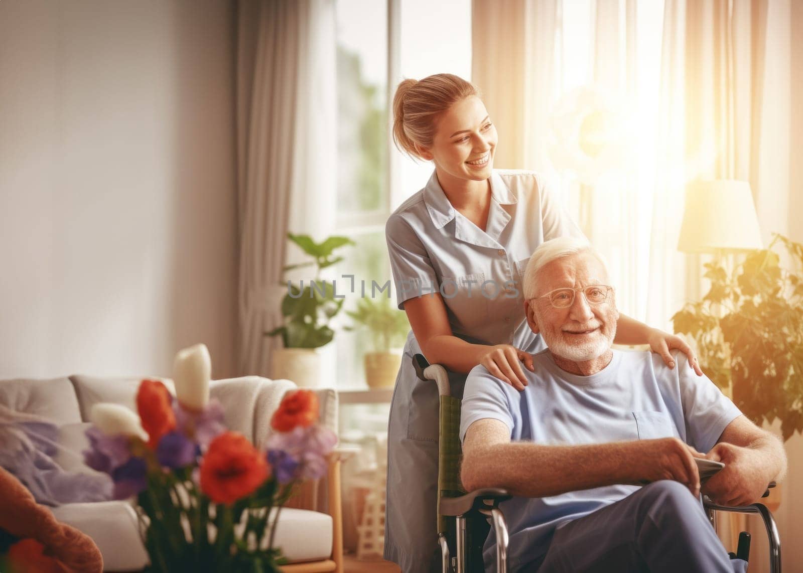 In this touching scene, a dedicated nurse provides compassionate care to an elderly man in a nursing home, ensuring his well-being and comfort in his wheelchair.Generated image.