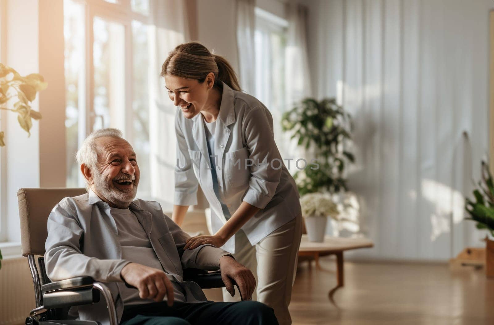 In this touching scene, a dedicated nurse provides compassionate care to an elderly man in a nursing home, ensuring his well-being and comfort in his wheelchair.Generated image.