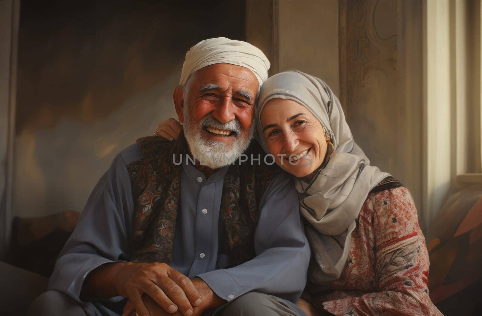 A traditional elderly Islamic couple embraces the joy of Ramadan, embodying the cultural richness and spiritual connection during the sacred days of celebration.Generated image.