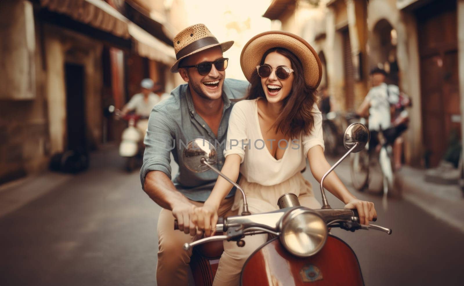 A happy couple shares the joy of a sunny scooter ride through the charming streets of Italy, embracing the warmth of summer and the bliss of exploring together.