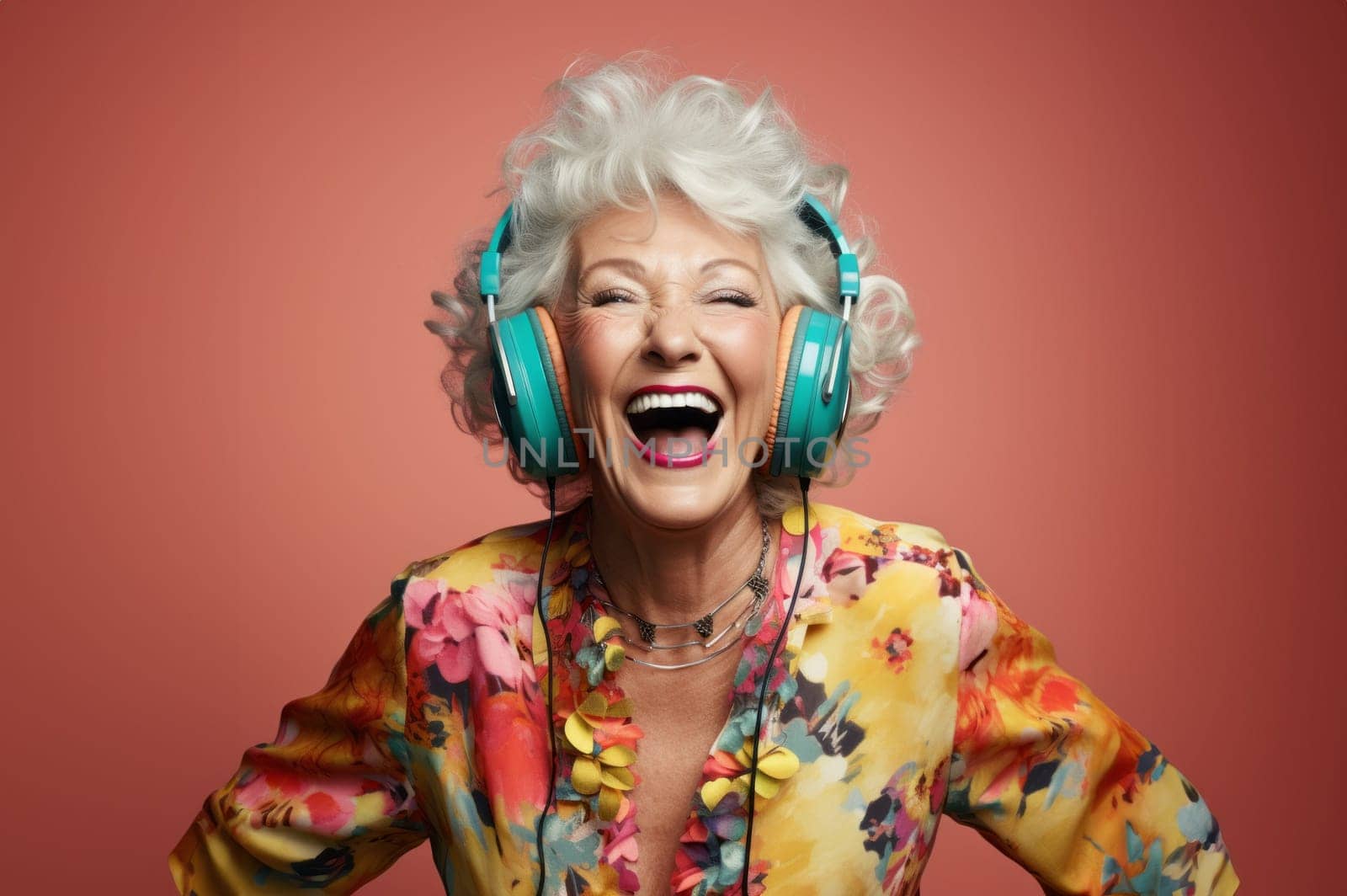 Modern older woman enjoys vibrant music with headphones, embracing technological comfort in her colorful isolation.Generated image.