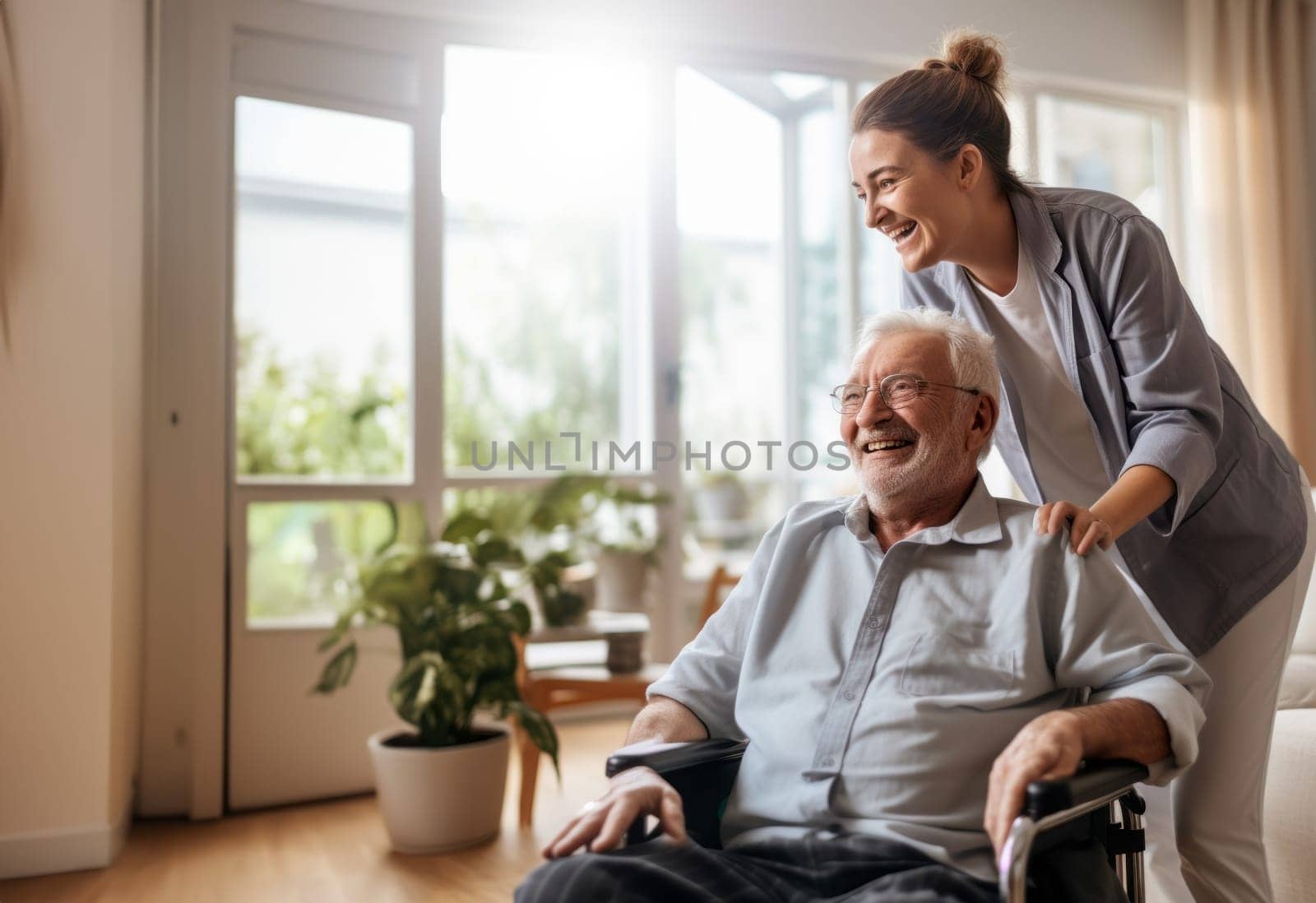 In this touching scene, a dedicated nurse provides compassionate care to an elderly man in a nursing home, ensuring his well-being and comfort in his wheelchair.Generated image.