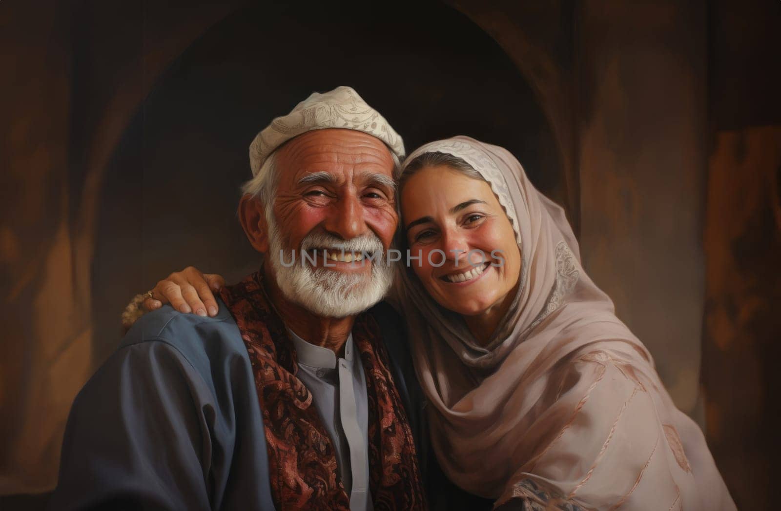 A traditional elderly Islamic couple embraces the joy of Ramadan, embodying the cultural richness and spiritual connection during the sacred days of celebration.Generated image.