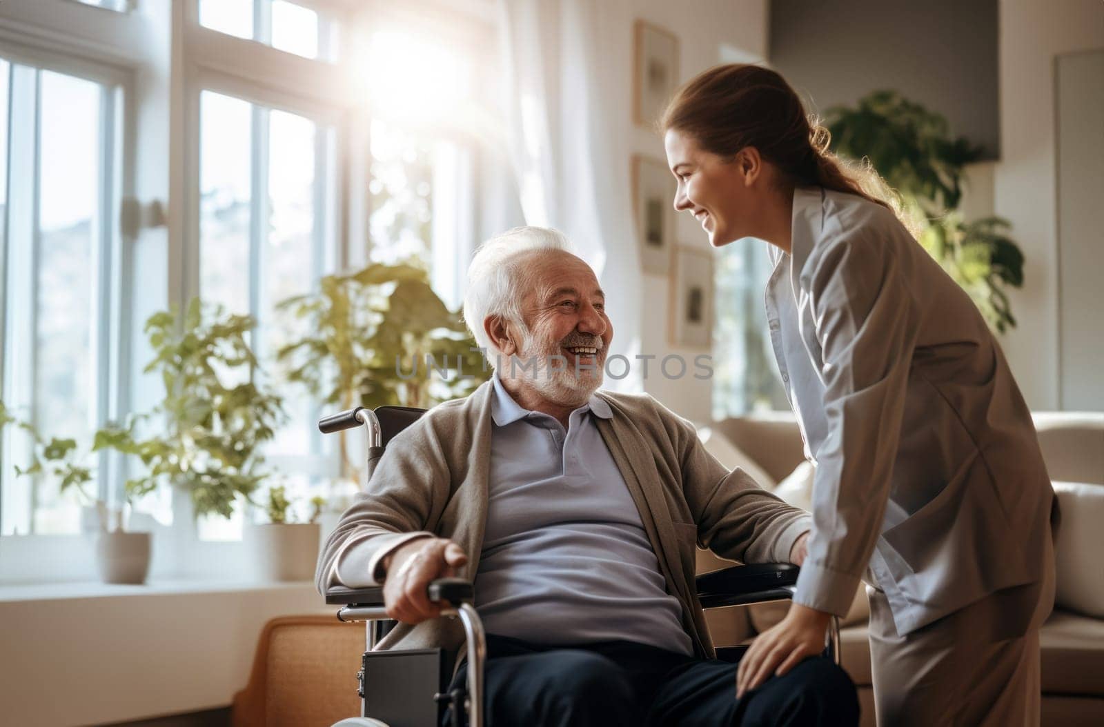 In this touching scene, a dedicated nurse provides compassionate care to an elderly man in a nursing home, ensuring his well-being and comfort in his wheelchair.Generated image.