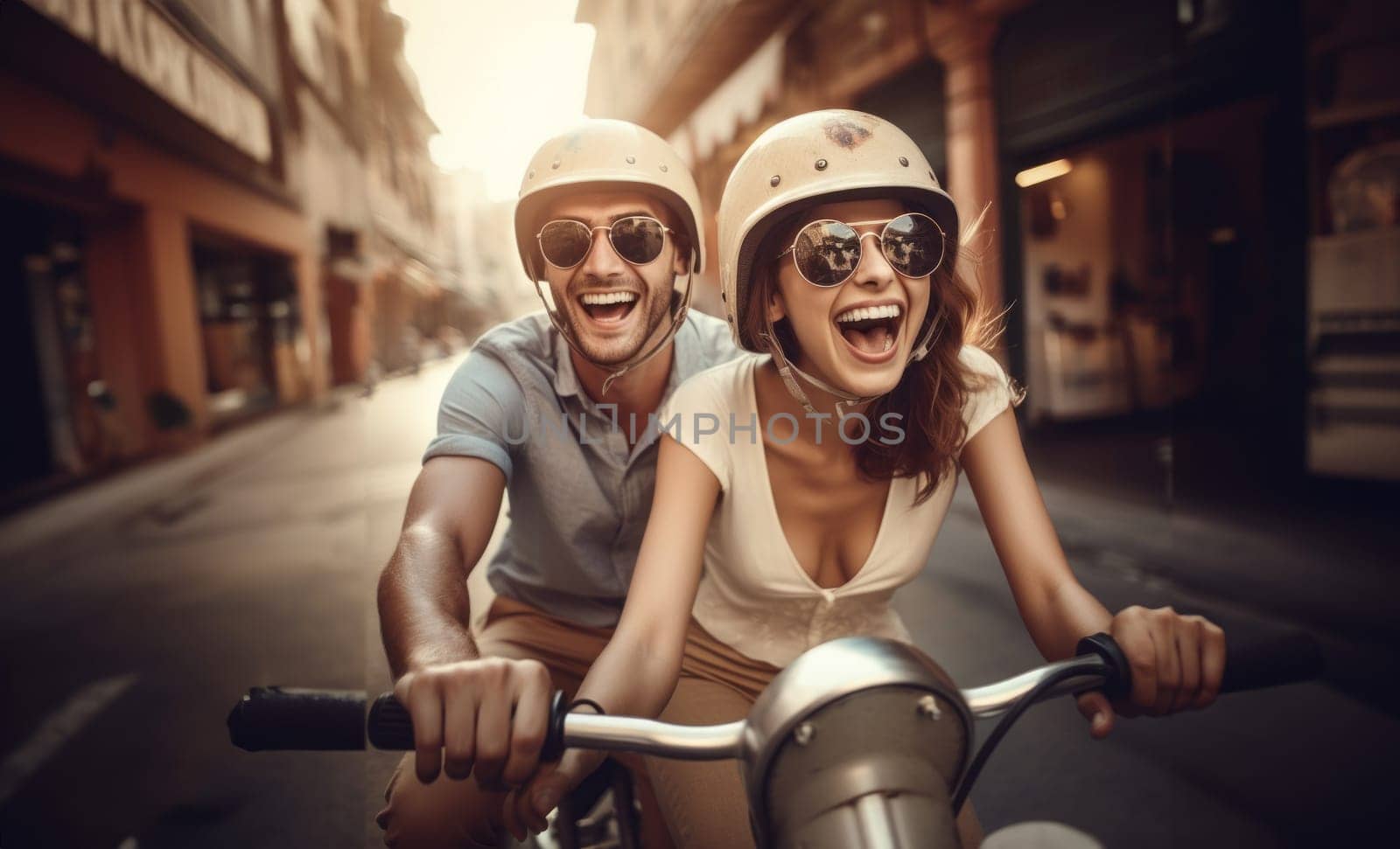 A happy couple shares the joy of a sunny scooter ride through the charming streets of Italy, embracing the warmth of summer and the bliss of exploring together.