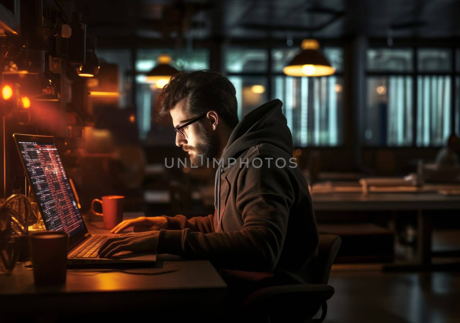 In this ominous snapshot, a hacker orchestrates digital mayhem using a laptop in a dimly lit office, embodying the clandestine world of cyber threats.Generated image.