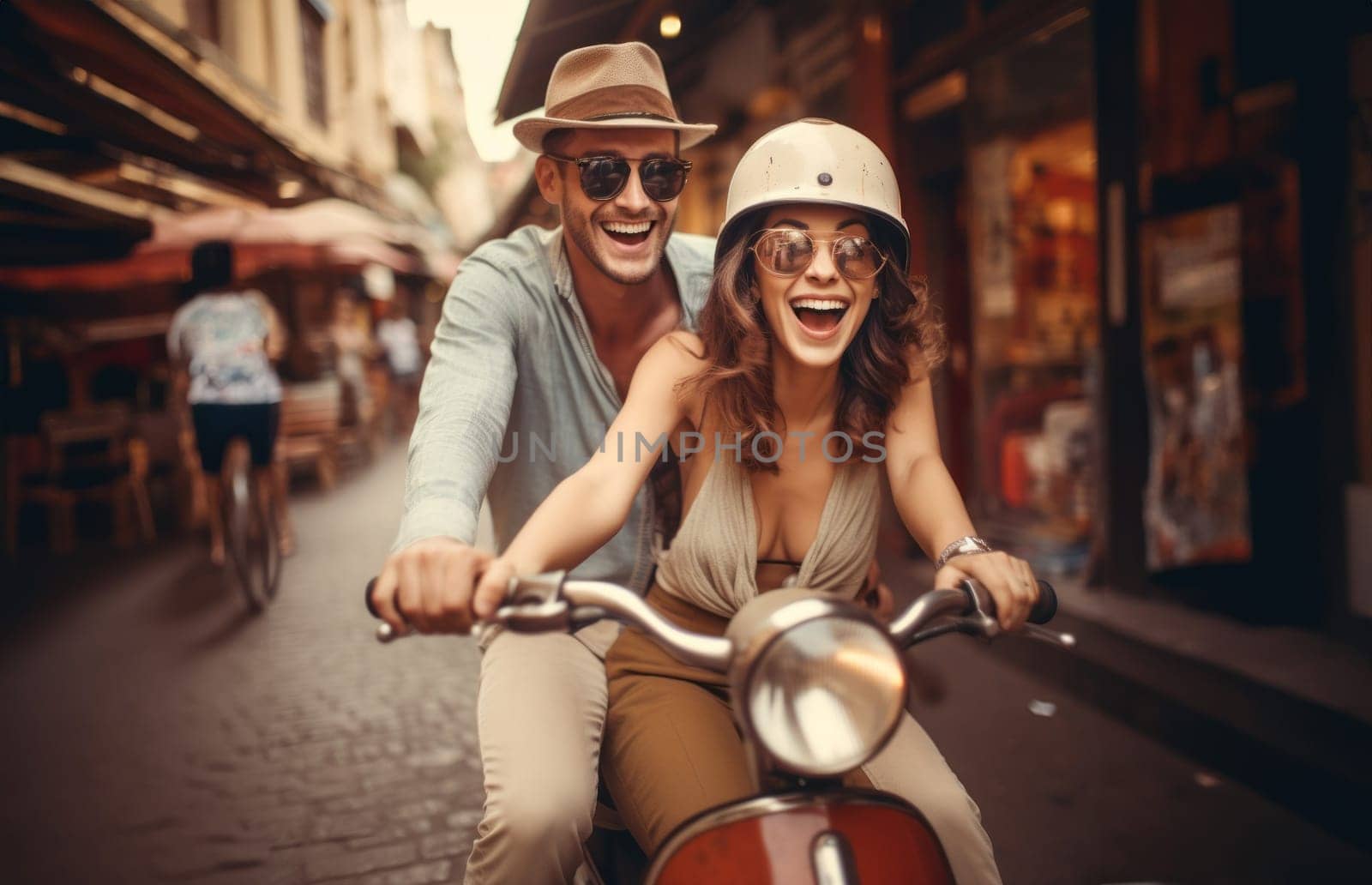 A happy couple shares the joy of a sunny scooter ride through the charming streets of Italy, embracing the warmth of summer and the bliss of exploring together.