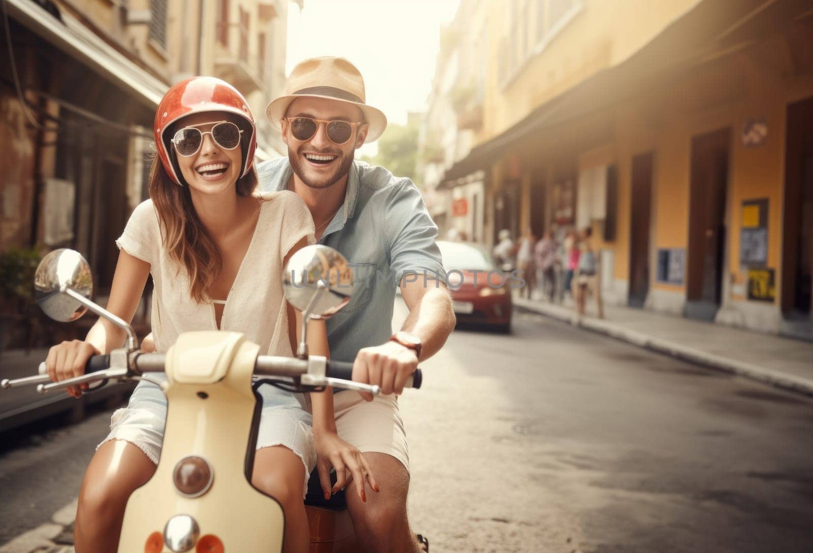 A happy couple shares the joy of a sunny scooter ride through the charming streets of Italy, embracing the warmth of summer and the bliss of exploring together.