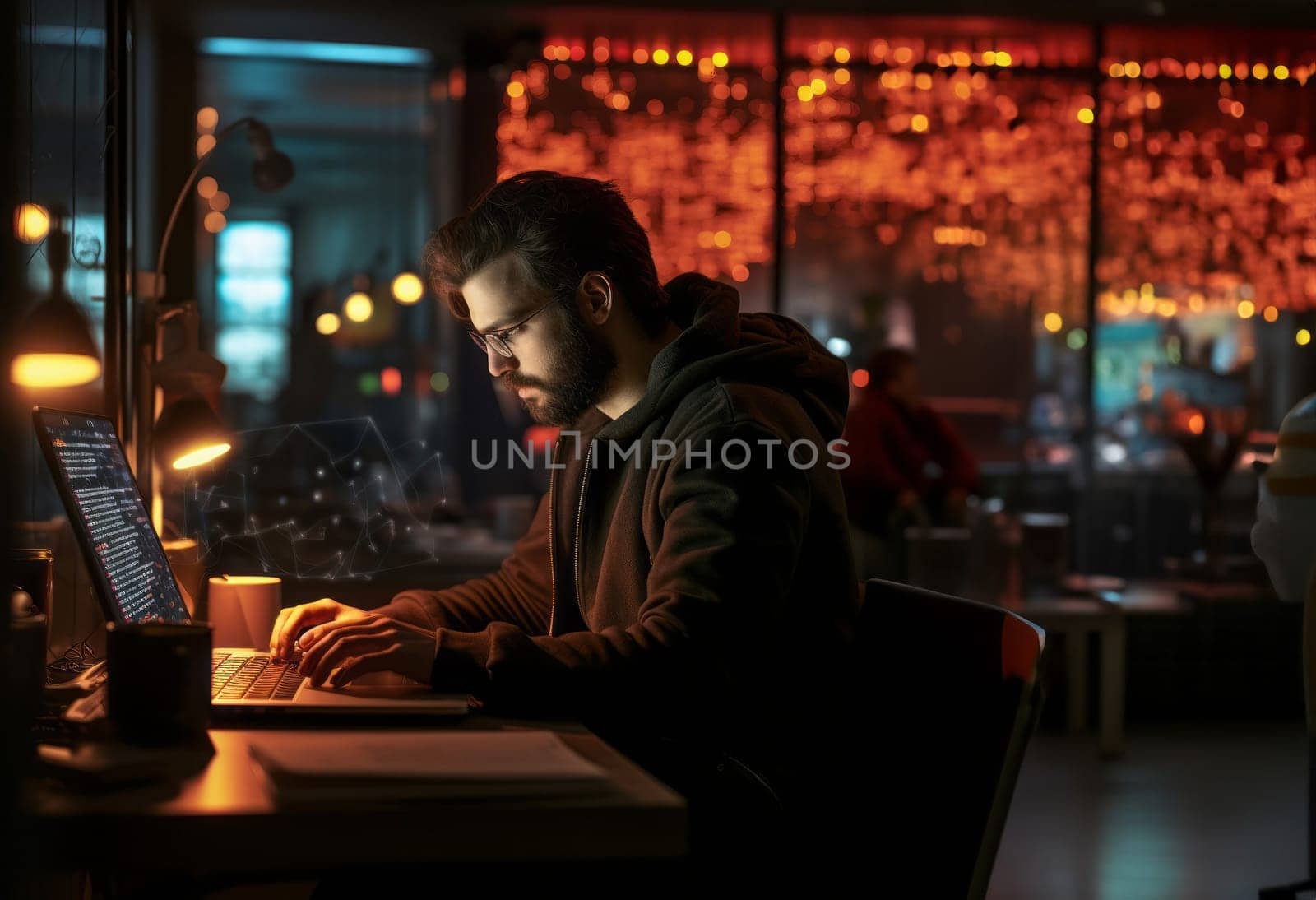 In this ominous snapshot, a hacker orchestrates digital mayhem using a laptop in a dimly lit office, embodying the clandestine world of cyber threats.Generated image.