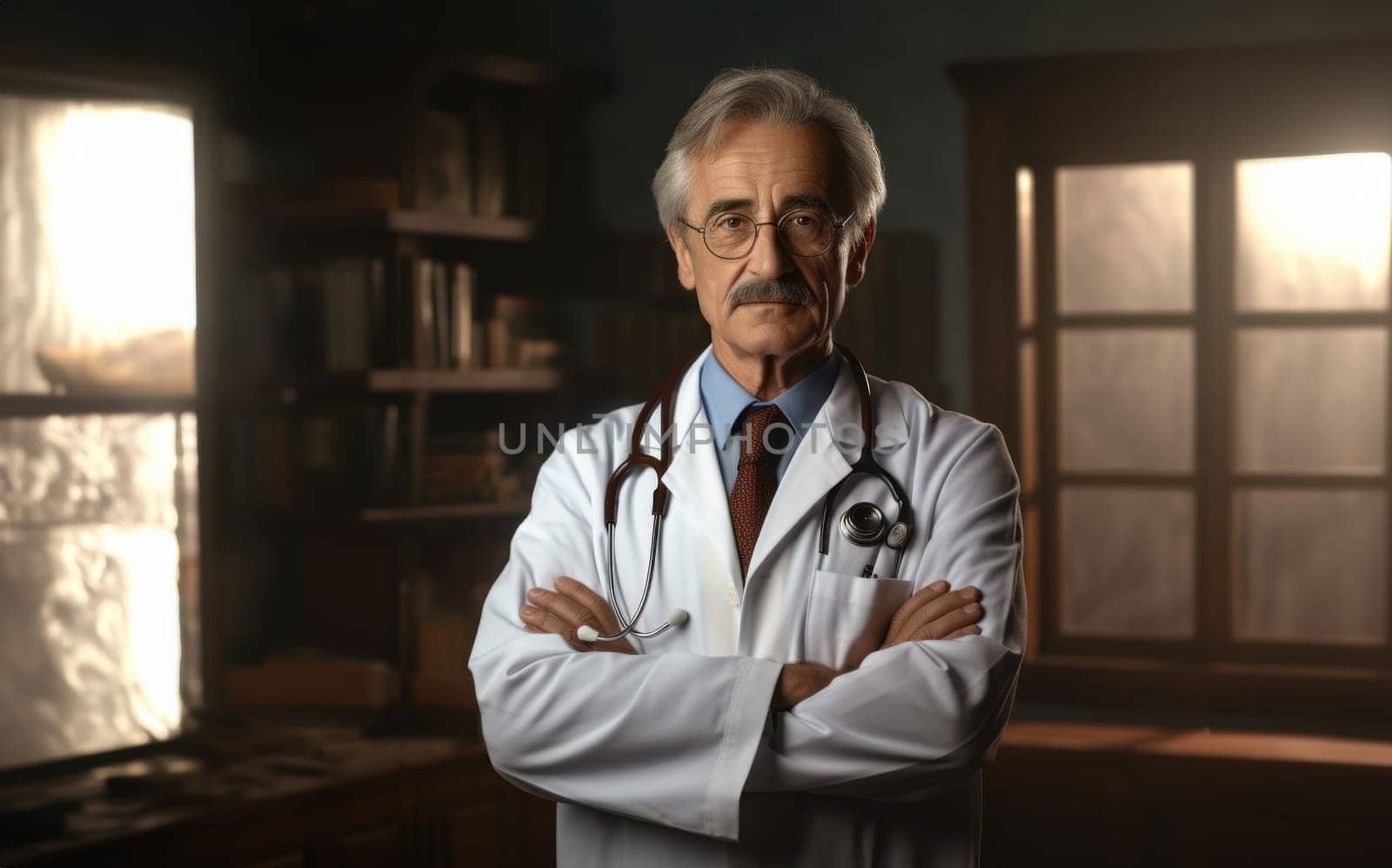 A seasoned elderly doctor exudes confidence and authority, with crossed arms, in his nighttime office, symbolizing dedication, responsibility, and wisdom during the night shift, showcasing the commitment of a senior healthcare practitioner.Generated image.