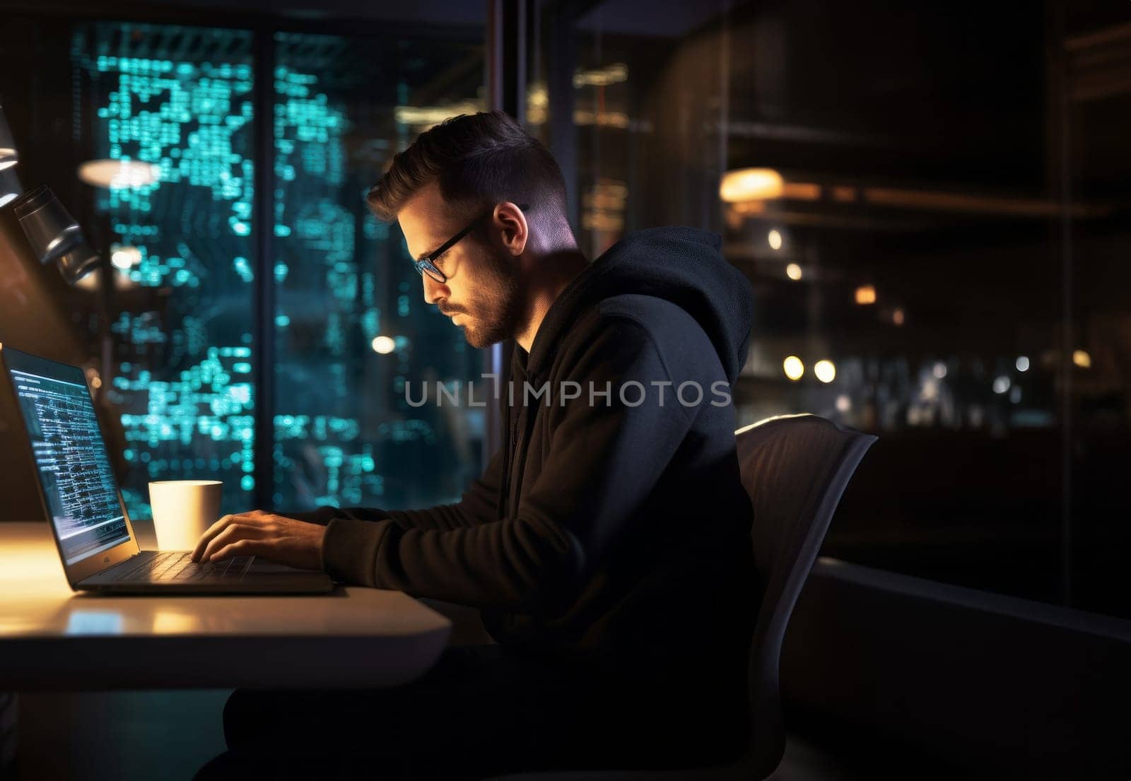 In this ominous snapshot, a hacker orchestrates digital mayhem using a laptop in a dimly lit office, embodying the clandestine world of cyber threats.Generated image.
