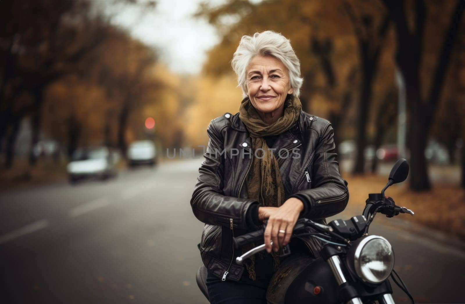 An adventurous elderly woman embraces a modern lifestyle as she travels the world, riding a motorcycle through diverse landscapes, symbolizing her free-spirited and courageous approach to exploration and living life to the fullest.Generated image.