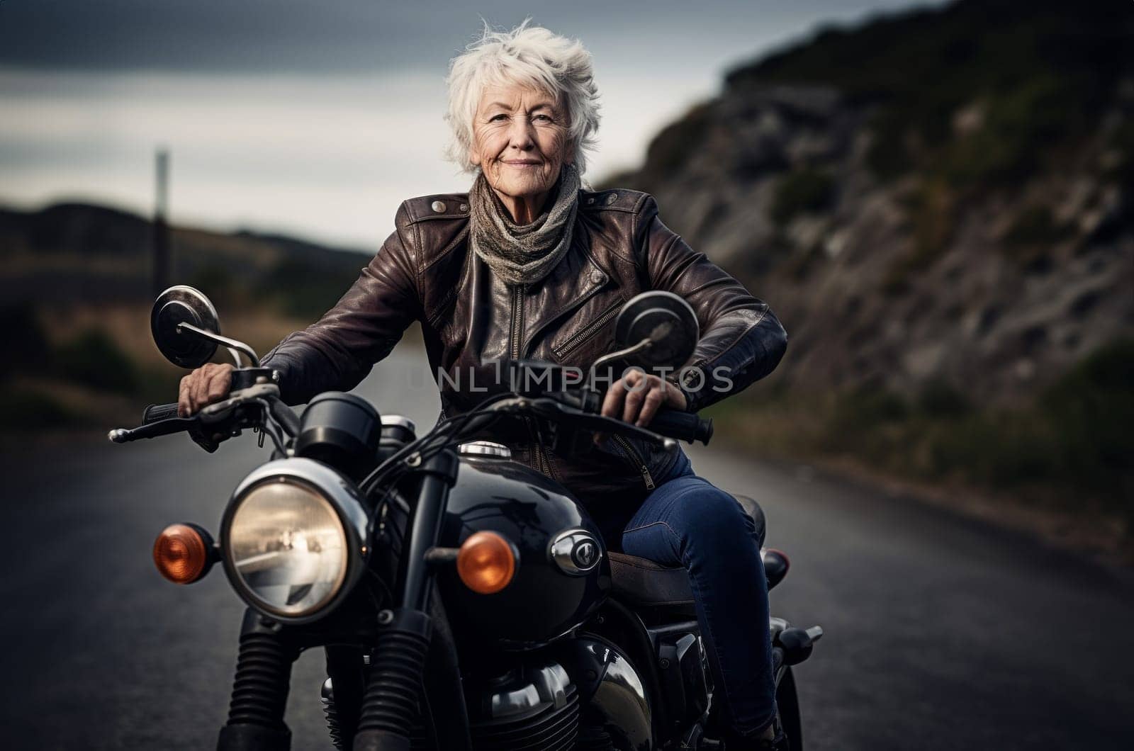 An adventurous elderly woman embraces a modern lifestyle as she travels the world, riding a motorcycle through diverse landscapes, symbolizing her free-spirited and courageous approach to exploration and living life to the fullest.Generated image.