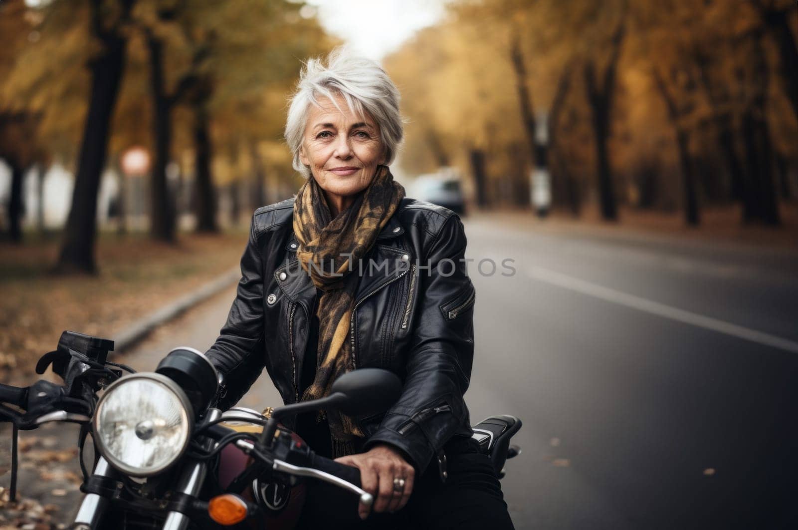An adventurous elderly woman embraces a modern lifestyle as she travels the world, riding a motorcycle through diverse landscapes, symbolizing her free-spirited and courageous approach to exploration and living life to the fullest.Generated image.