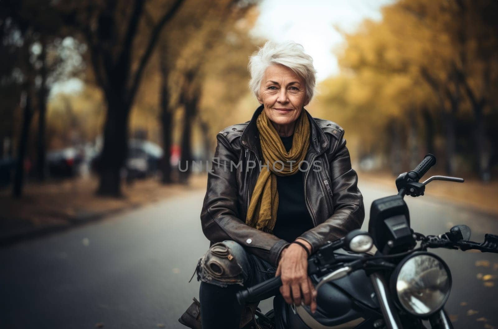 An adventurous elderly woman embraces a modern lifestyle as she travels the world, riding a motorcycle through diverse landscapes, symbolizing her free-spirited and courageous approach to exploration and living life to the fullest.Generated image.