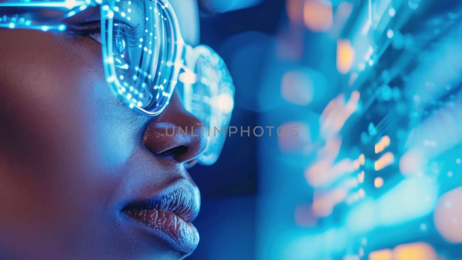 African American woman with visionary tech glasses. Created using AI generated technology and image editing software.