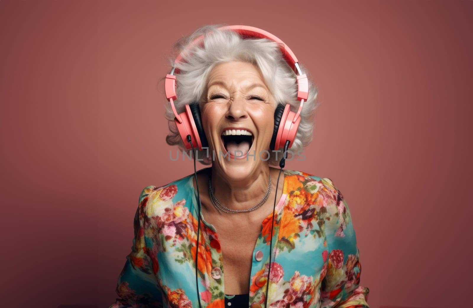 Modern older woman enjoys vibrant music with headphones, embracing technological comfort in her colorful isolation.Generated image.