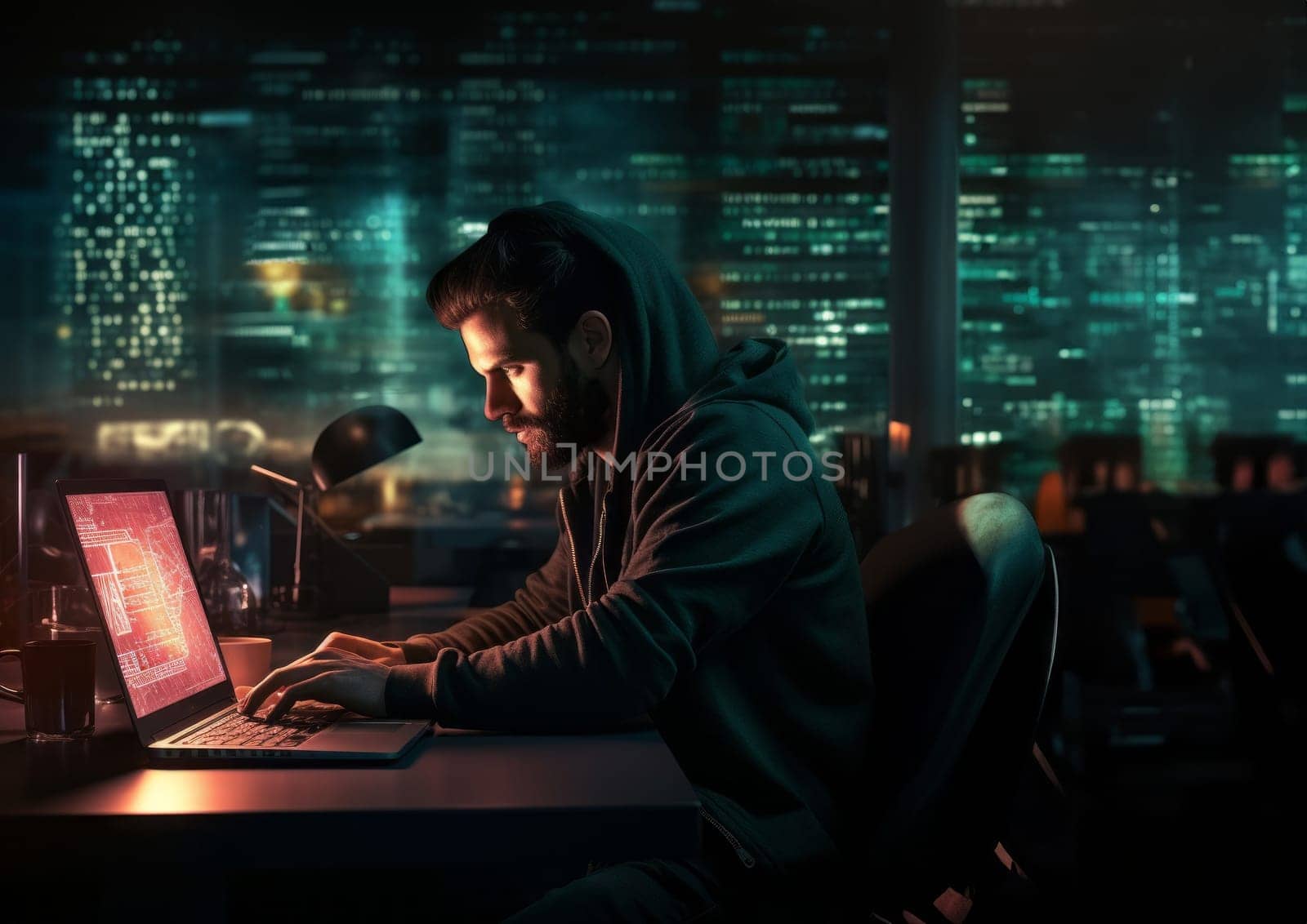 In this ominous snapshot, a hacker orchestrates digital mayhem using a laptop in a dimly lit office, embodying the clandestine world of cyber threats.Generated image.