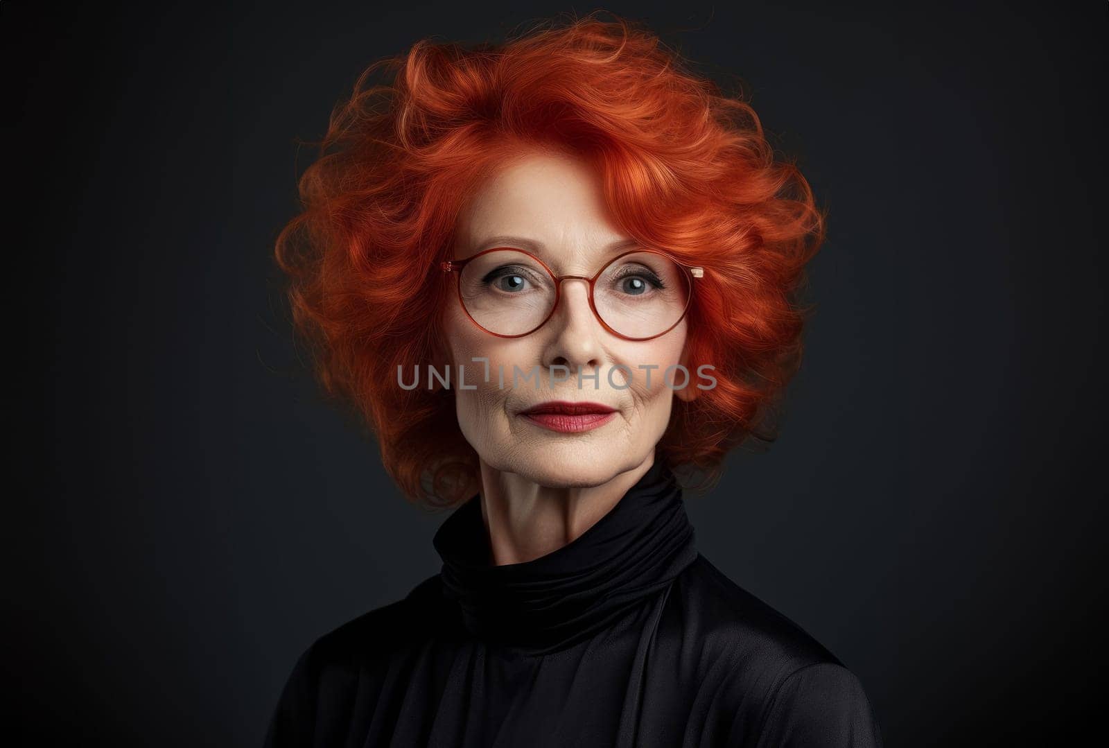A beautiful elderly redhead exudes elegance and sophistication, her alluring portrait set against a black backdrop, capturing the classic charm, confidence, and grace that define senior beauty.Generated image.