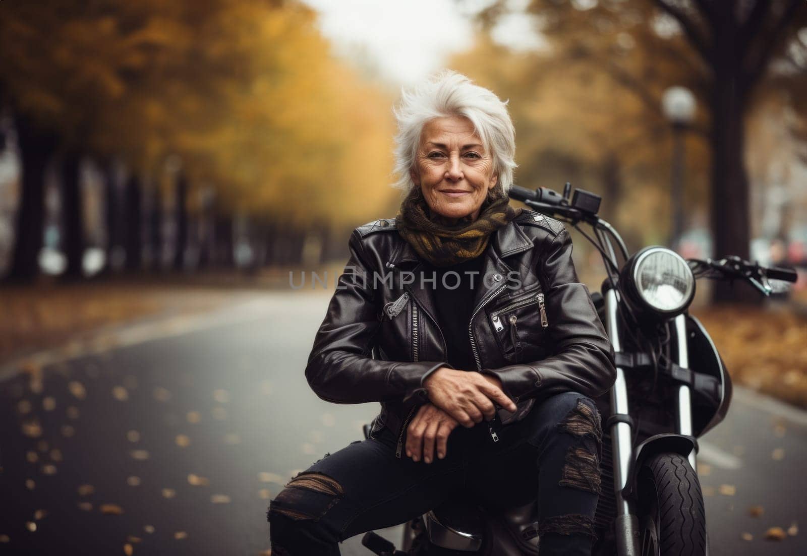 An adventurous elderly woman embraces a modern lifestyle as she travels the world, riding a motorcycle through diverse landscapes, symbolizing her free-spirited and courageous approach to exploration and living life to the fullest.Generated image.
