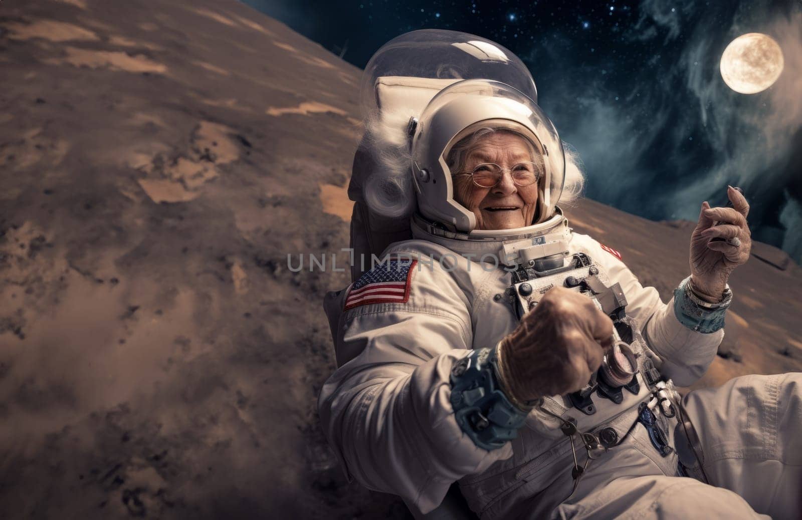 A grandmother dons an astronaut suit, embarking on an interstellar odyssey that blends the warmth of familial connection with the vast wonders of outer space, symbolizing a cosmic journey of exploration and imagination.