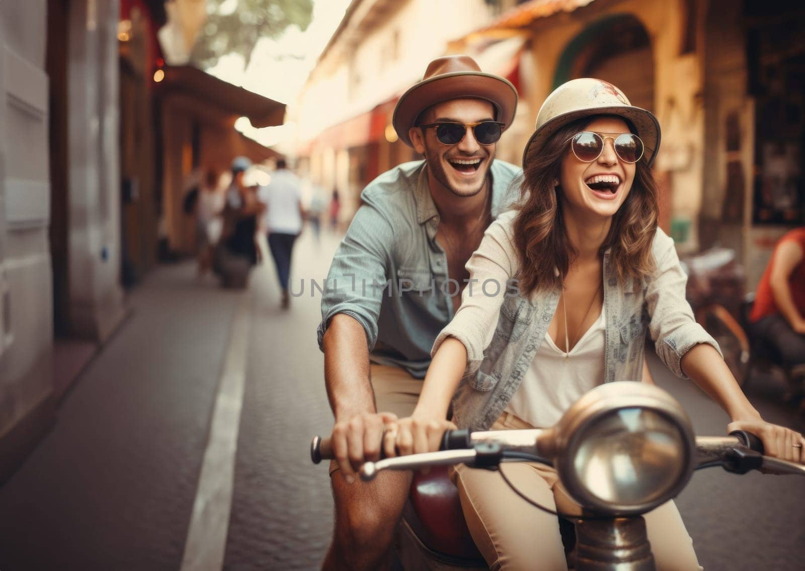 A happy couple shares the joy of a sunny scooter ride through the charming streets of Italy, embracing the warmth of summer and the bliss of exploring together.