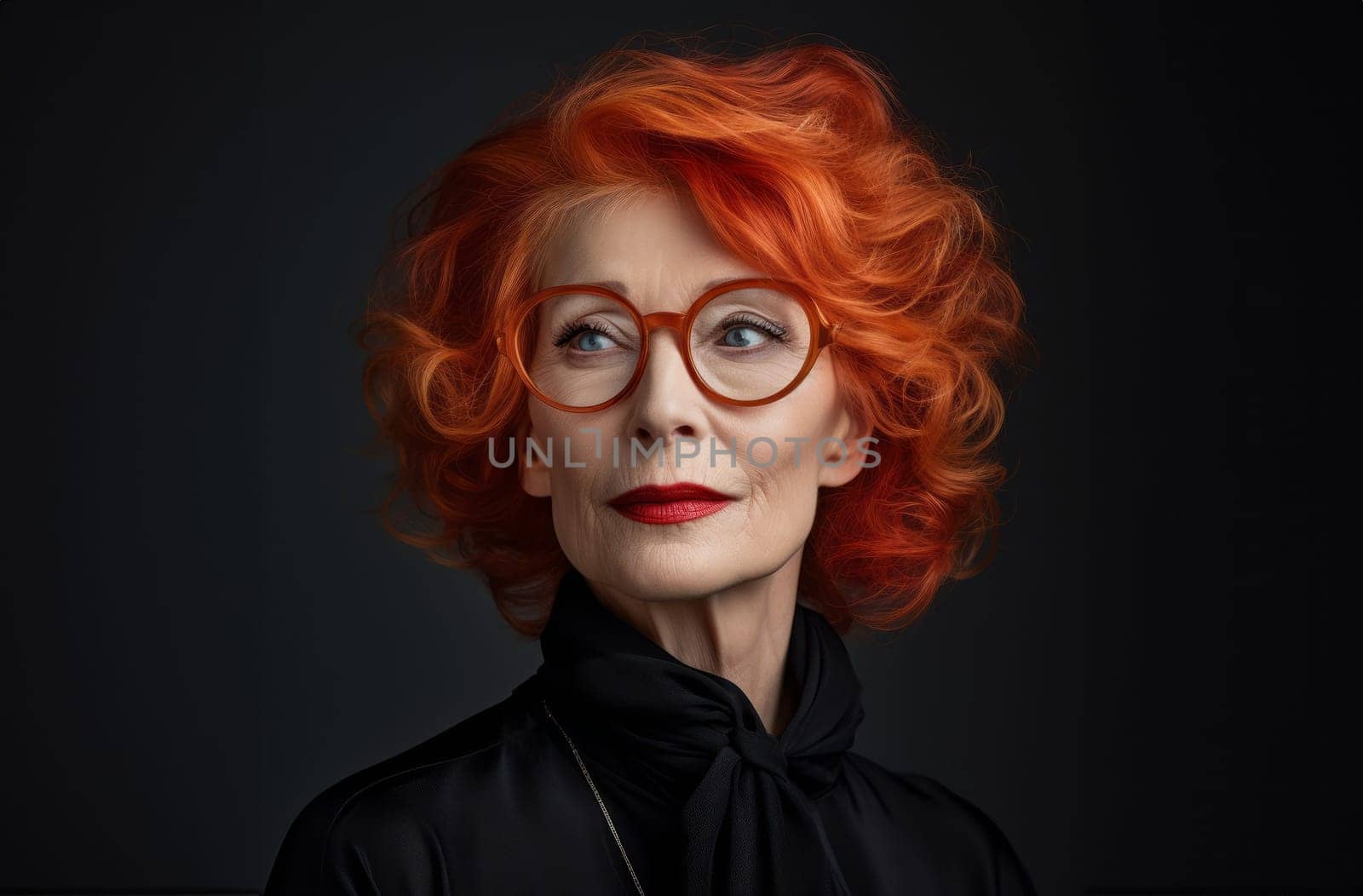 A beautiful elderly redhead exudes elegance and sophistication, her alluring portrait set against a black backdrop, capturing the classic charm, confidence, and grace that define senior beauty.Generated image.