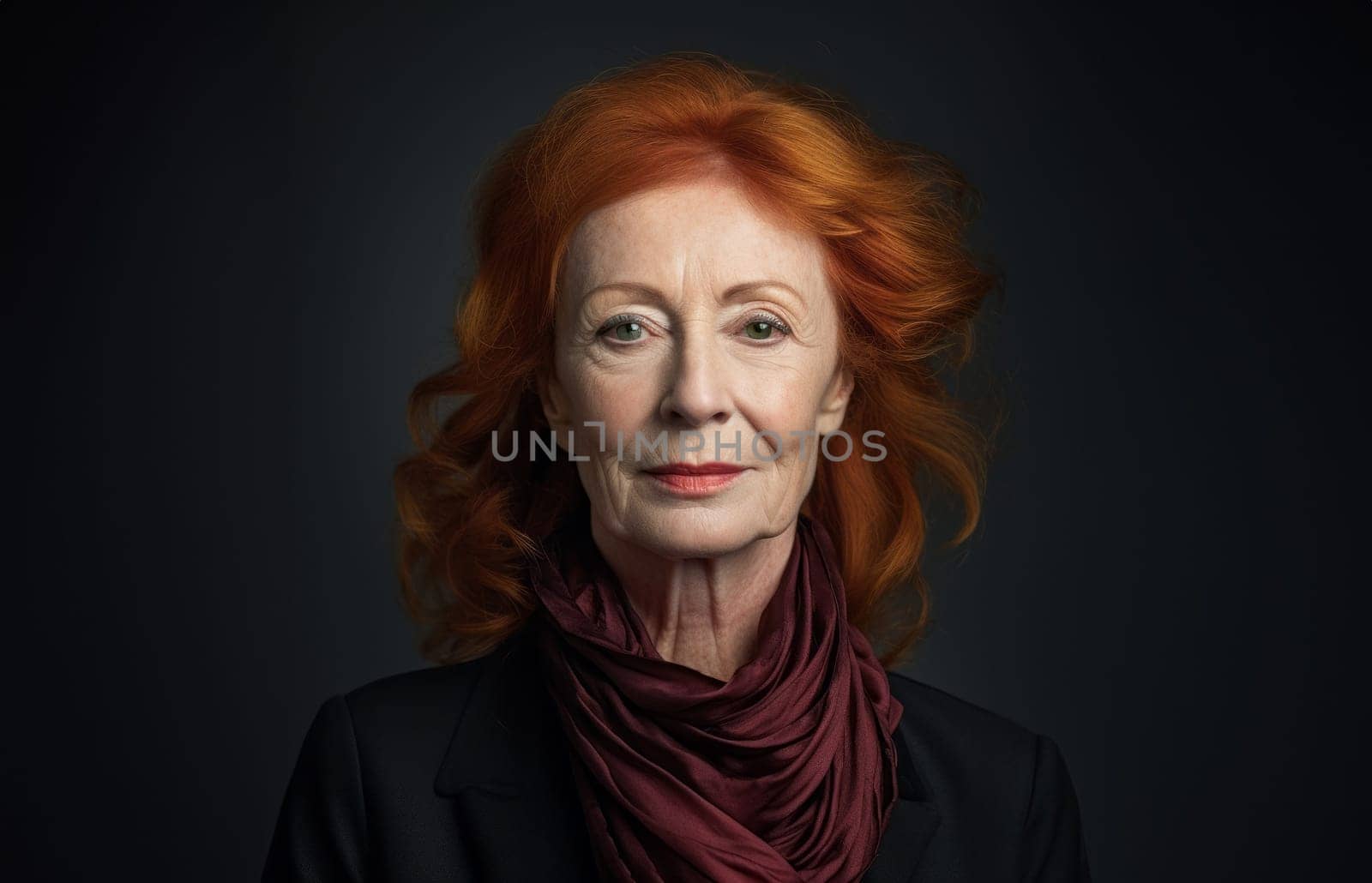 A beautiful elderly redhead exudes elegance and sophistication, her alluring portrait set against a black backdrop, capturing the classic charm, confidence, and grace that define senior beauty.Generated image.