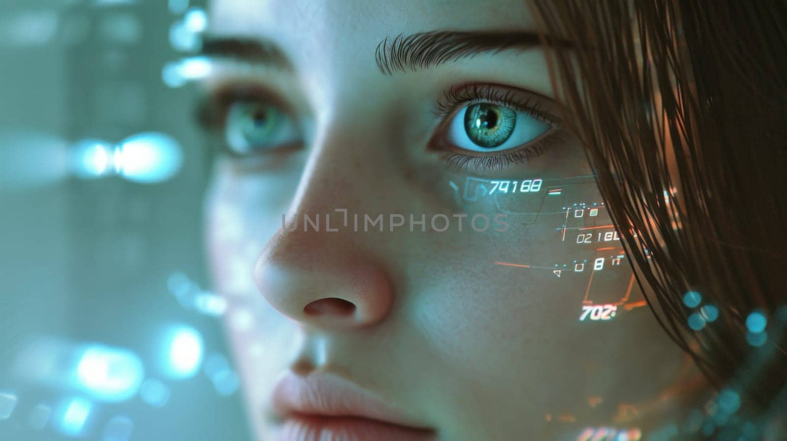 Portrait of a woman with futuristic interface. Created using AI generated technology and image editing software.
