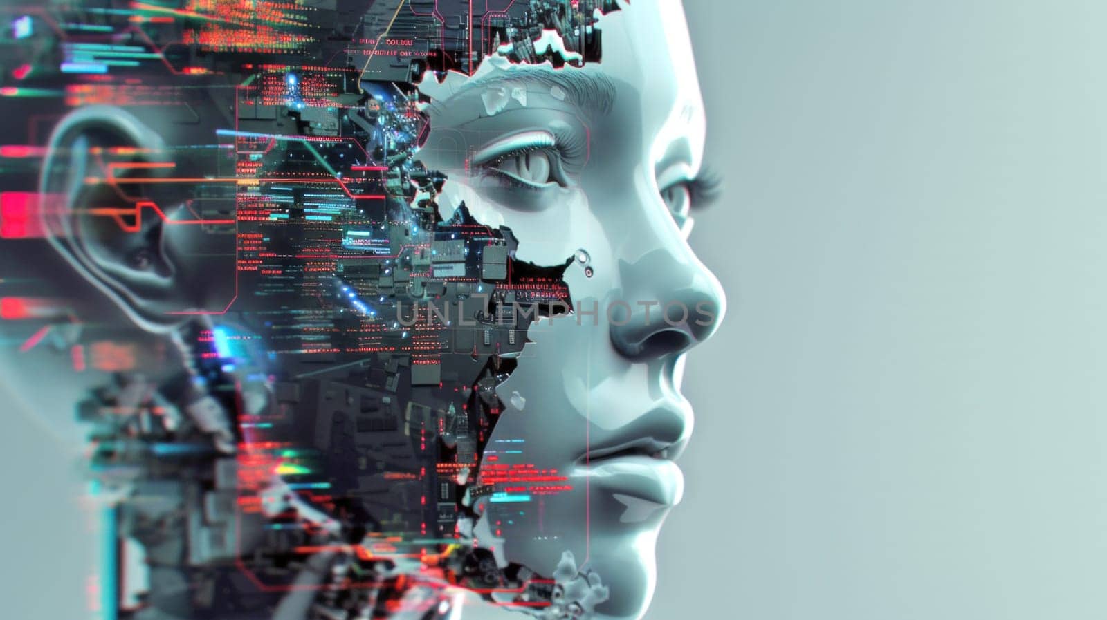 Cybernetic interface portrait. Created using AI generated technology and image editing software.