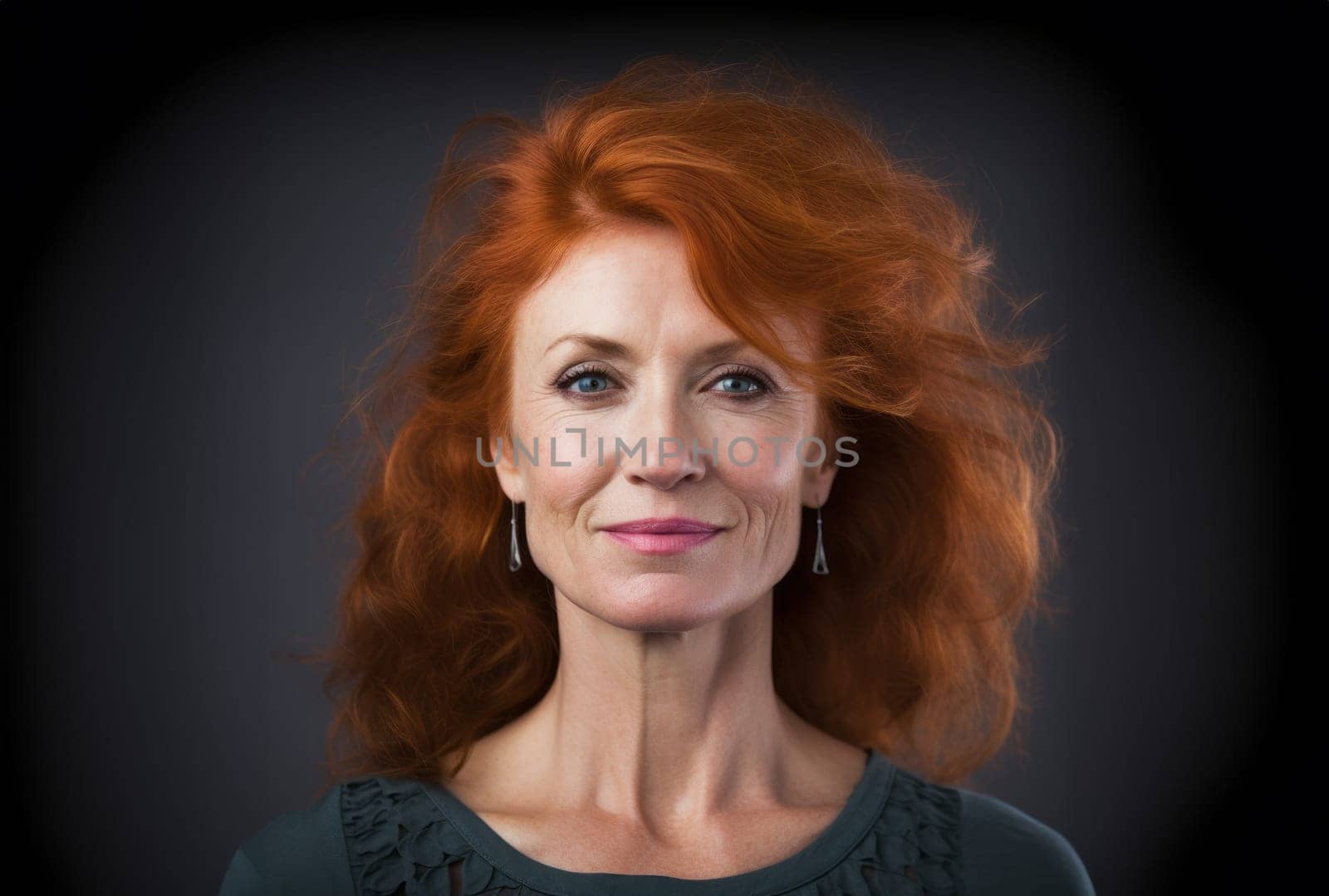 A beautiful elderly redhead exudes elegance and sophistication, her alluring portrait set against a black backdrop, capturing the classic charm, confidence, and grace that define senior beauty.Generated image.