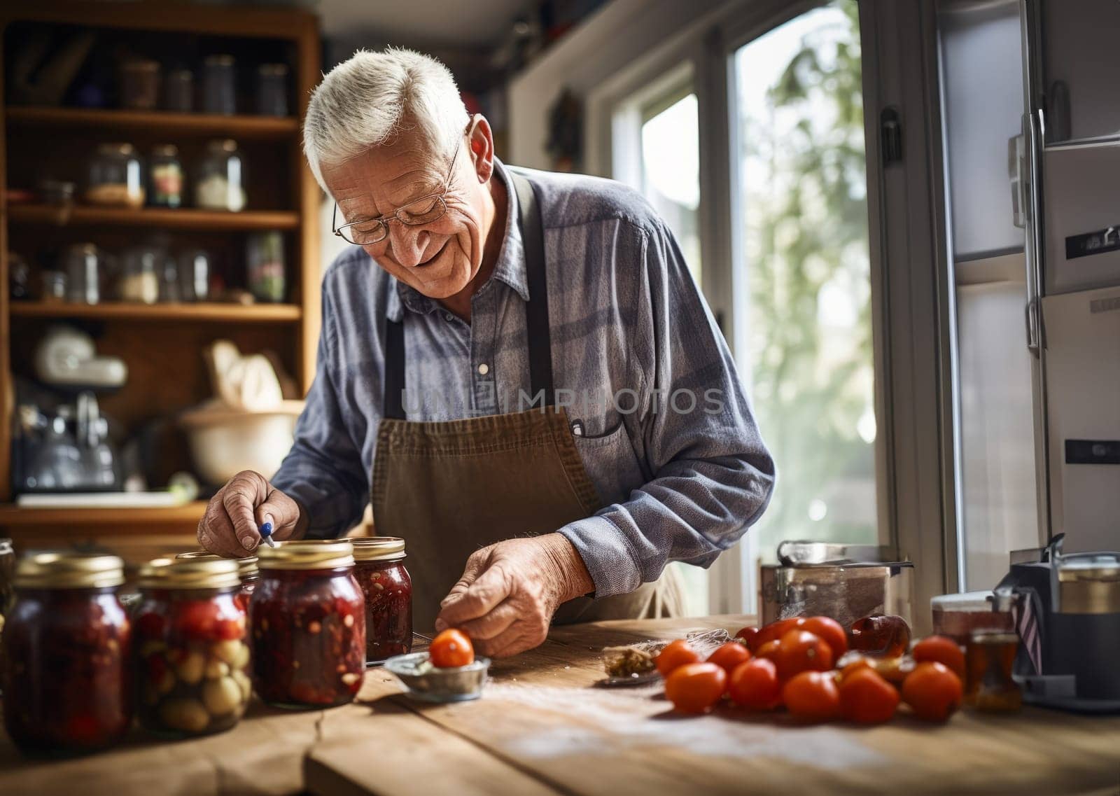 lderly man skillfully prepares delicious and nutritious preserves for his family in the cozy warmth of his home, embodying the tradition of homemade culinary delights and creating a heartwarming atmosphere of family love and culinary expertise.Generated image.