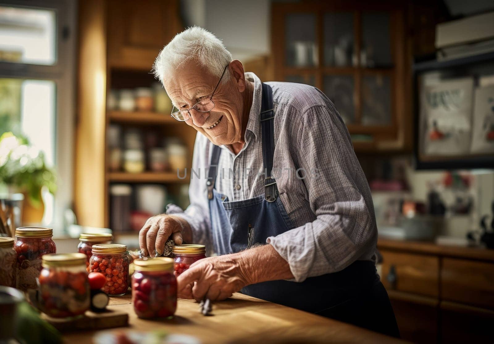 lderly man skillfully prepares delicious and nutritious preserves for his family in the cozy warmth of his home, embodying the tradition of homemade culinary delights and creating a heartwarming atmosphere of family love and culinary expertise.Generated image.