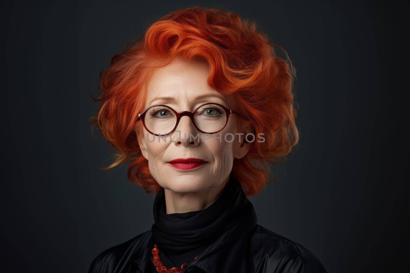 A beautiful elderly redhead exudes elegance and sophistication, her alluring portrait set against a black backdrop, capturing the classic charm, confidence, and grace that define senior beauty.Generated image.