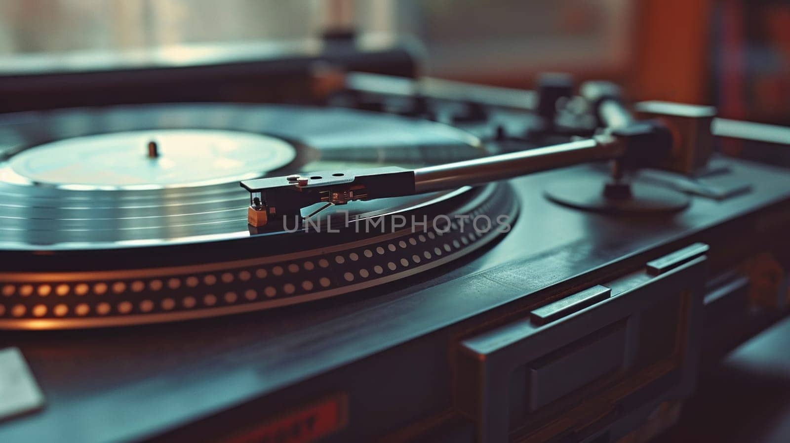Vintage turntable in closeup. Created using AI generated technology and image editing software.