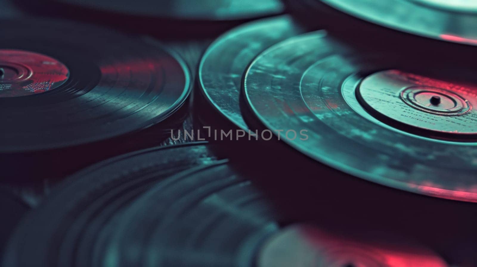 Stack of vinyl records. Created using AI generated technology and image editing software.