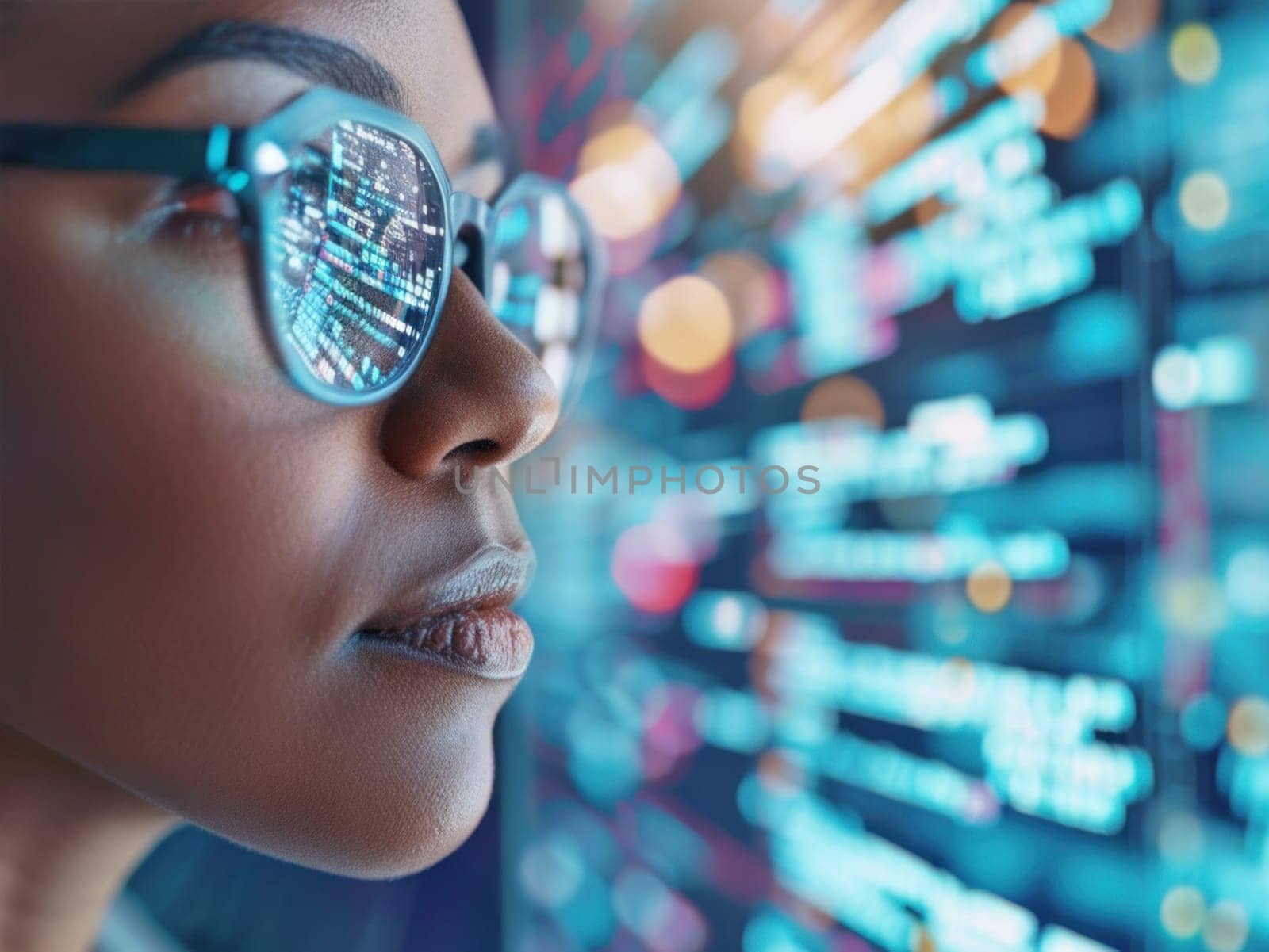 African American woman gazing at digital data. Created using AI generated technology and image editing software.
