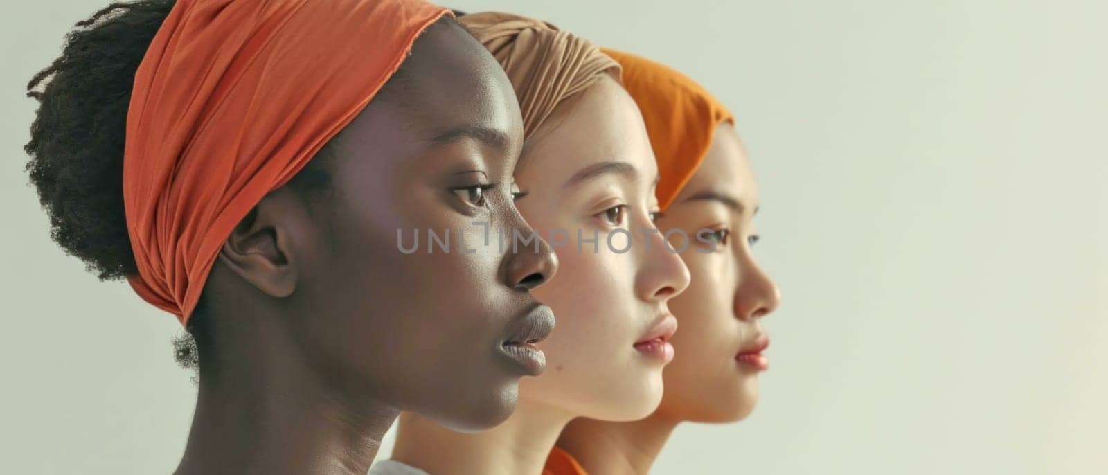 Portrait series with headscarves. Created using AI generated technology and image editing software.