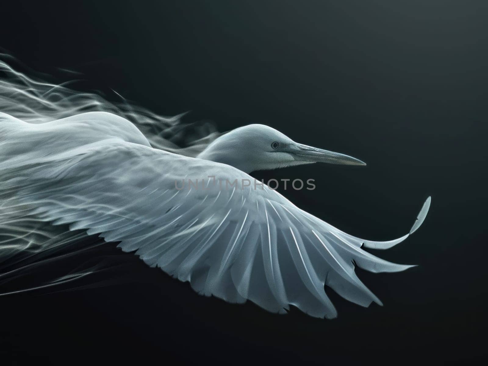 Elegant egret gliding in flight. Created using AI generated technology and image editing software.