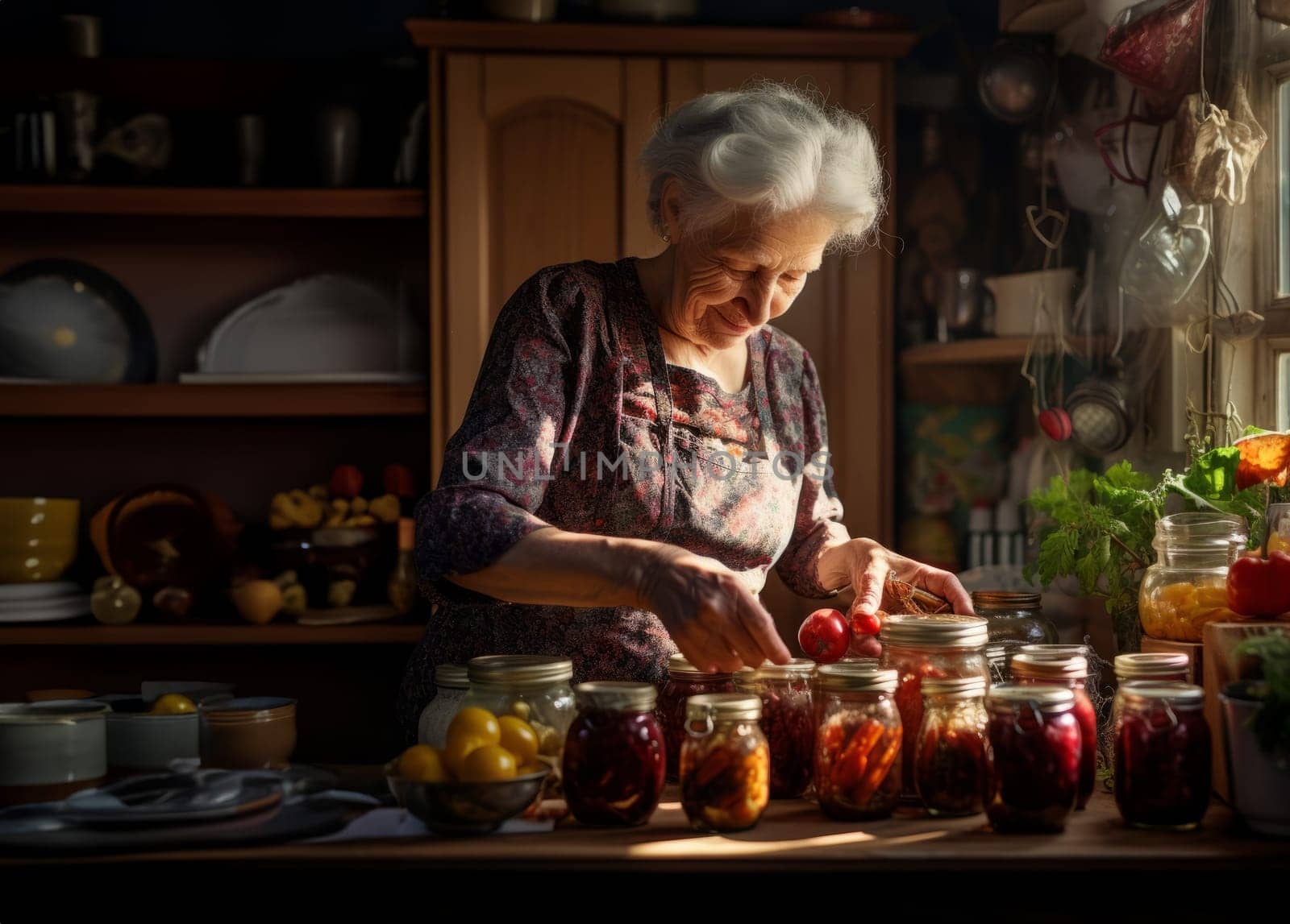 An elderly grandmother expertly prepares delicious and nutritious preserves in the cozy warmth of her home, embodying the tradition of homemade culinary delights and passing down a legacy of family warmth and culinary mastery.Generated image.
