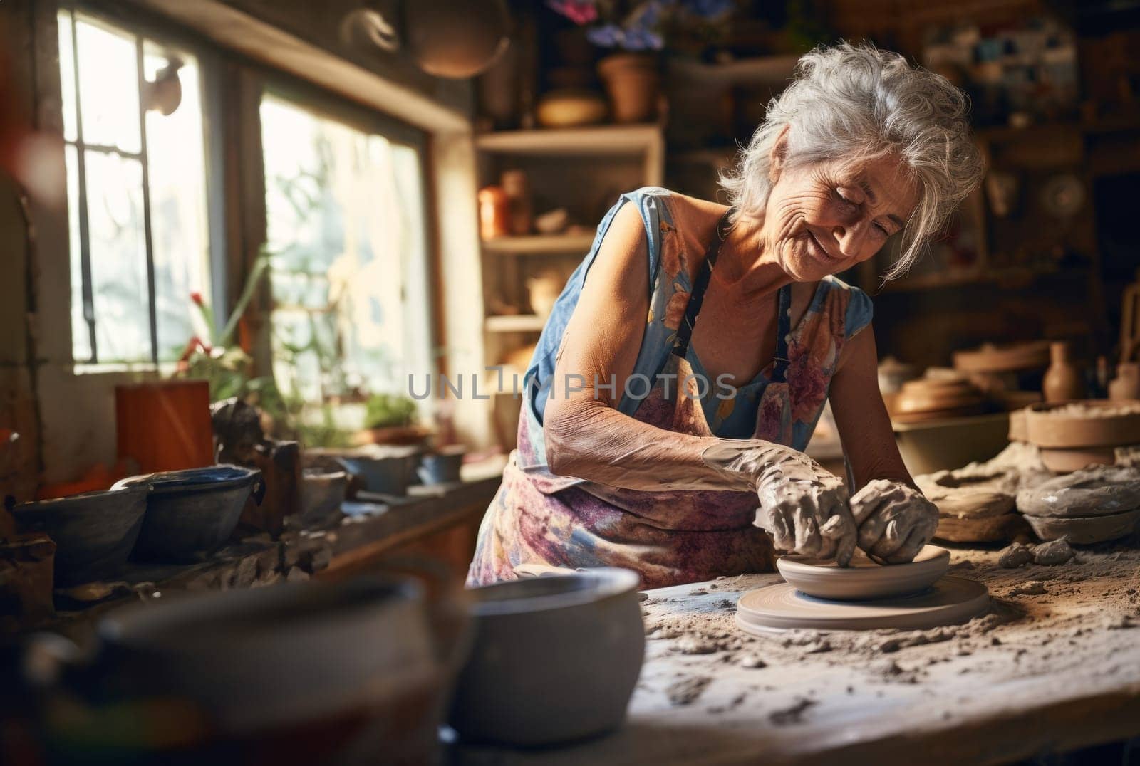 Elderly woman masterfully practices the ancient craft of pottery, molding glistening clay into exquisite creations in her traditional workshop, embodying the timeless artistry of handmade ceramics.