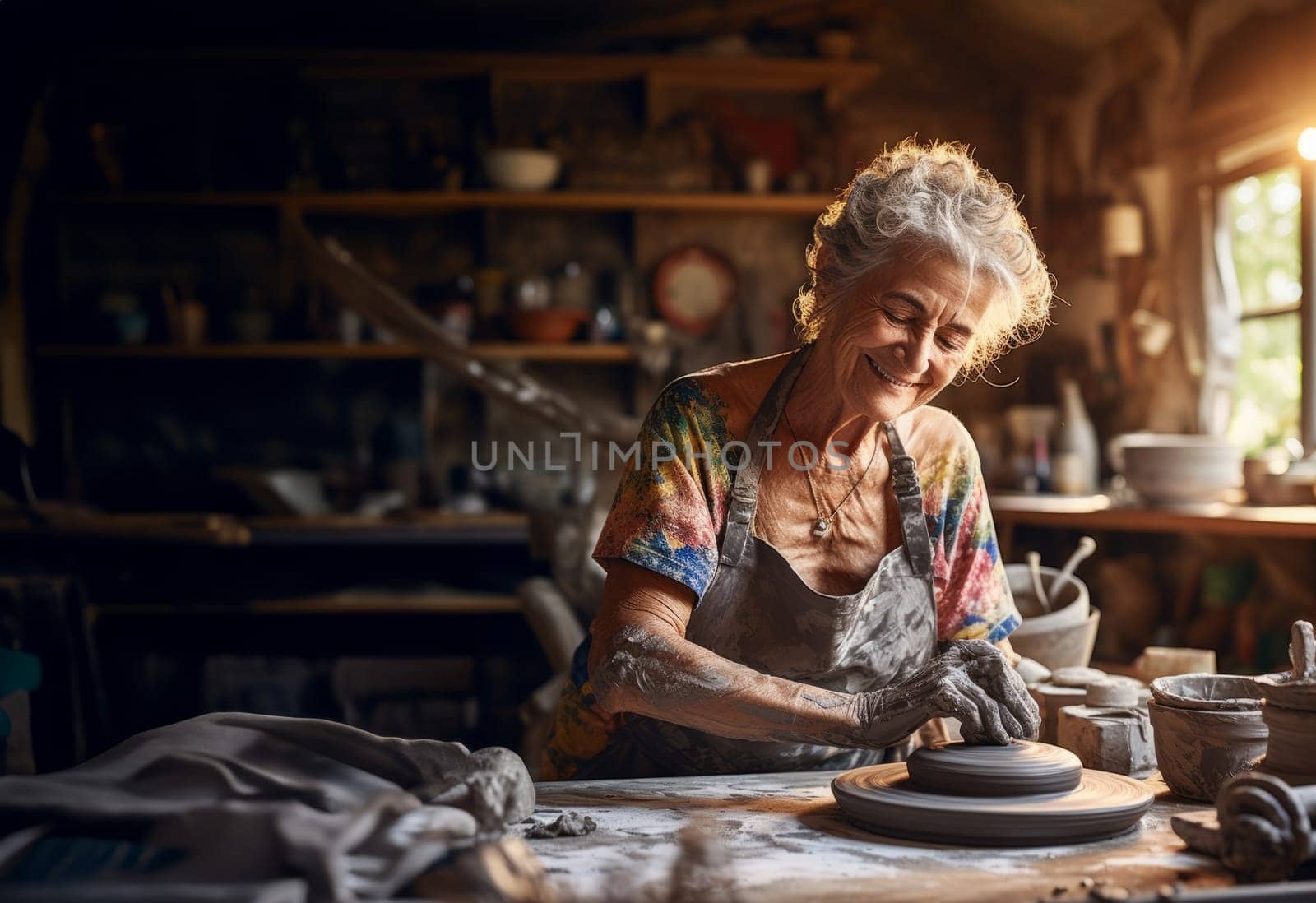Elderly woman masterfully practices the ancient craft of pottery, molding glistening clay into exquisite creations in her traditional workshop, embodying the timeless artistry of handmade ceramics.