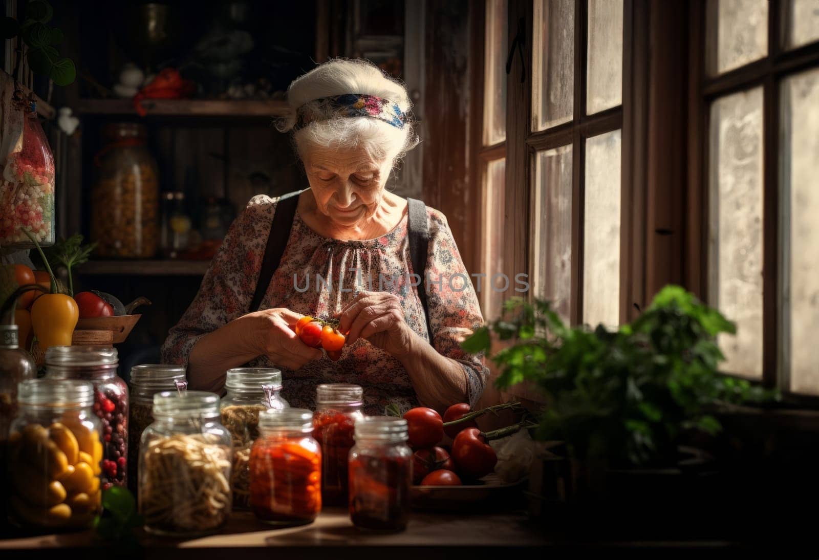 An elderly grandmother expertly prepares delicious and nutritious preserves in the cozy warmth of her home, embodying the tradition of homemade culinary delights and passing down a legacy of family warmth and culinary mastery.Generated image.