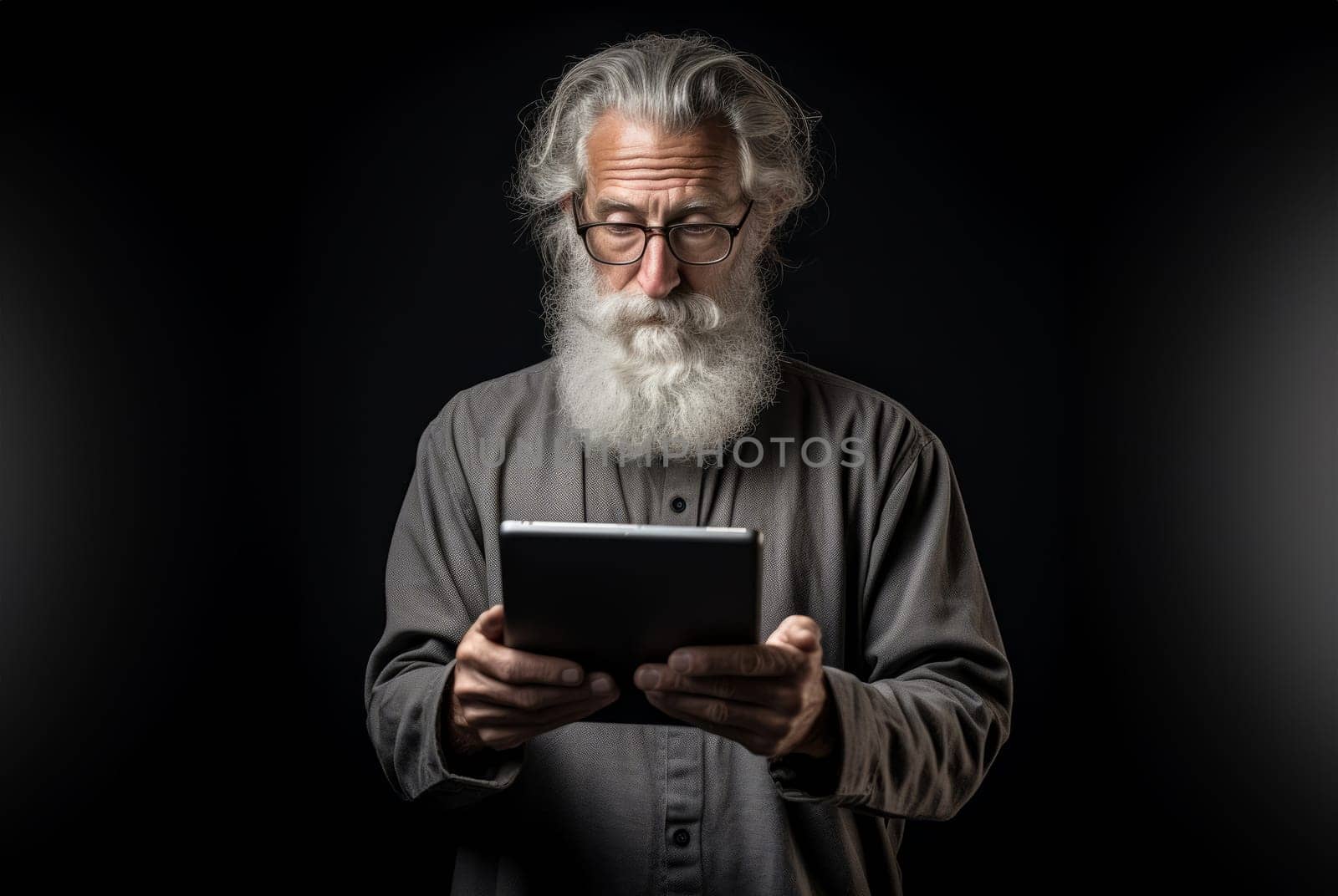 Elderly man with a beard engages with modern technology, using a tablet against a black backdrop, symbolizing the intersection of age and digital connectivity in the contemporary era.Generated image.